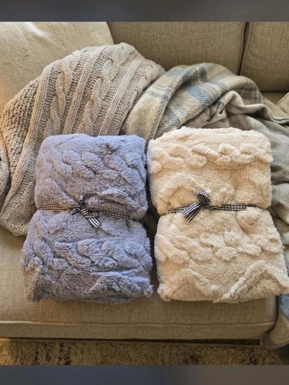 Plush Faux Fur Throw Blanket, Blue and Cream; You Get Both-NWOT!